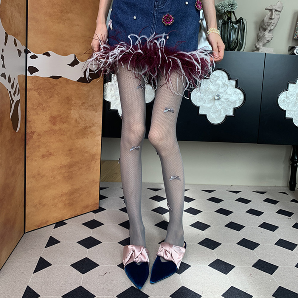 【香榭丽舍落叶季】秋季法式浪漫莫奈防勾丝灰色蝴蝶结连裤袜女DF图片