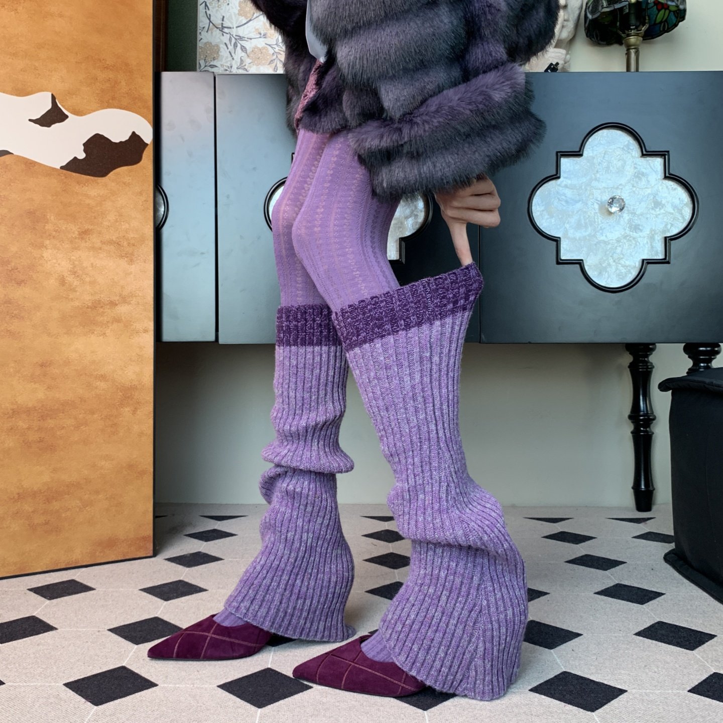 甄藏方寸~慵懒风爱心竖纹连裤袜叠搭复古紫色拼接针织袜套,女士内衣/男士内衣/家居服,连裤袜/打底袜,淘宝优惠券,粉丝福利购,淘宝优惠卷
