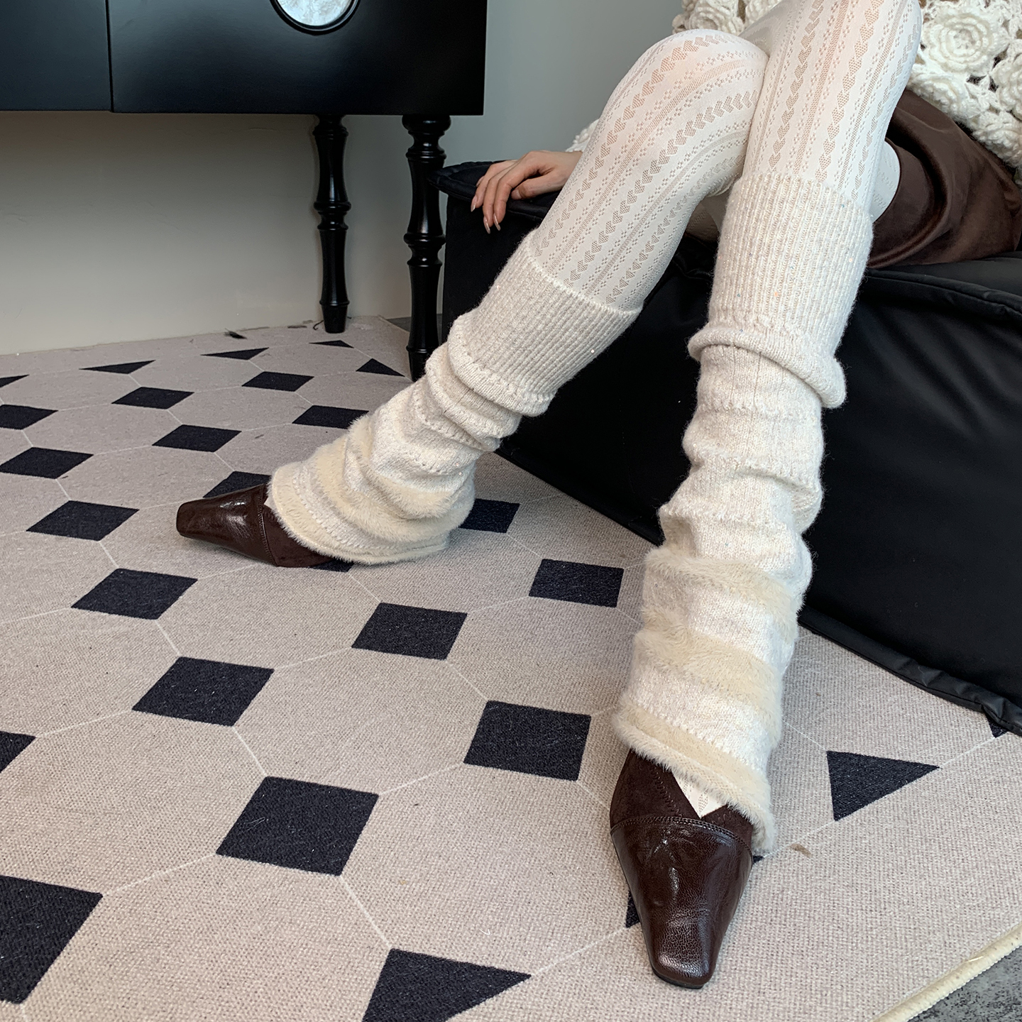 羊毛针织微闪拼接米驼堆堆袜套女保暖毛感冬季叠穿爱心白色裤袜DF