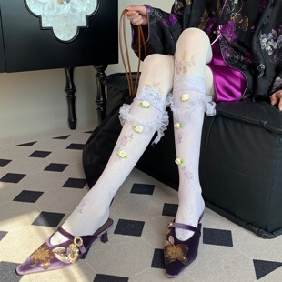 紫纱小花留白～法式复古风木耳边蕾丝立体小花叠穿丝袜女