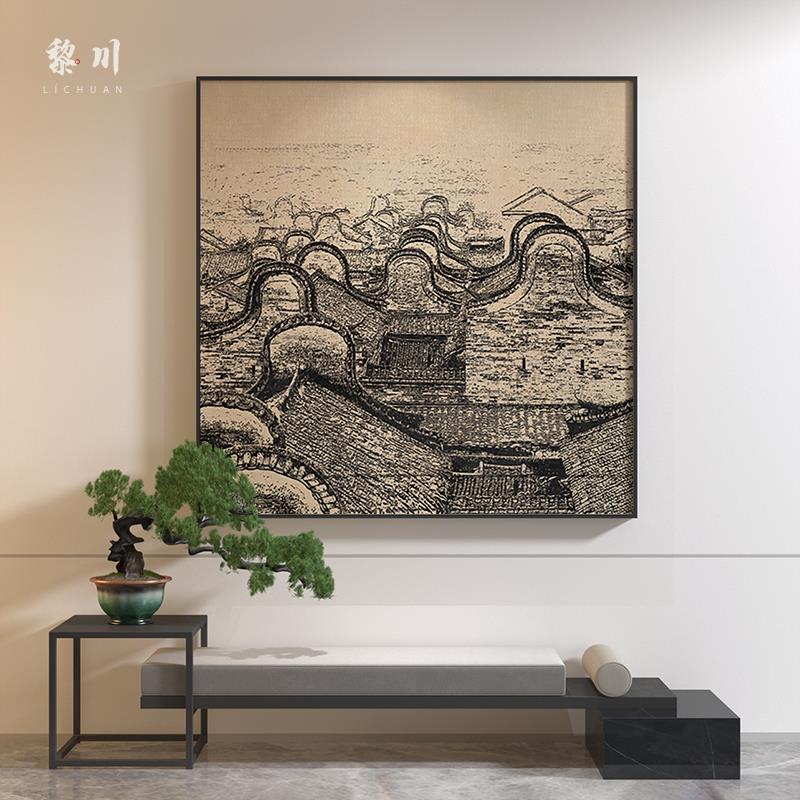 新中式装饰画客厅玄关壁画黄色复古中国风建筑屋顶样板间方形挂画图片