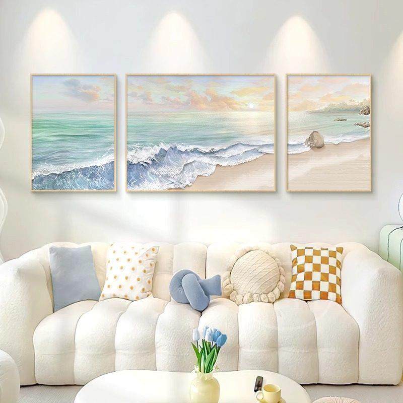 现代简约蓝天白云大海客厅装饰画沙发背景墙三联高级肌理感挂画,家居饰品,现代装饰画,淘宝优惠券,粉丝福利购,淘宝优惠卷