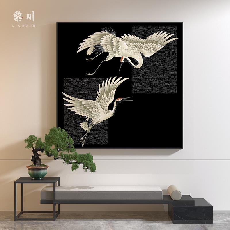 新中式黑色复古风仙鹤禅意高档卧室玄关客厅装饰画壁画方形挂画图片