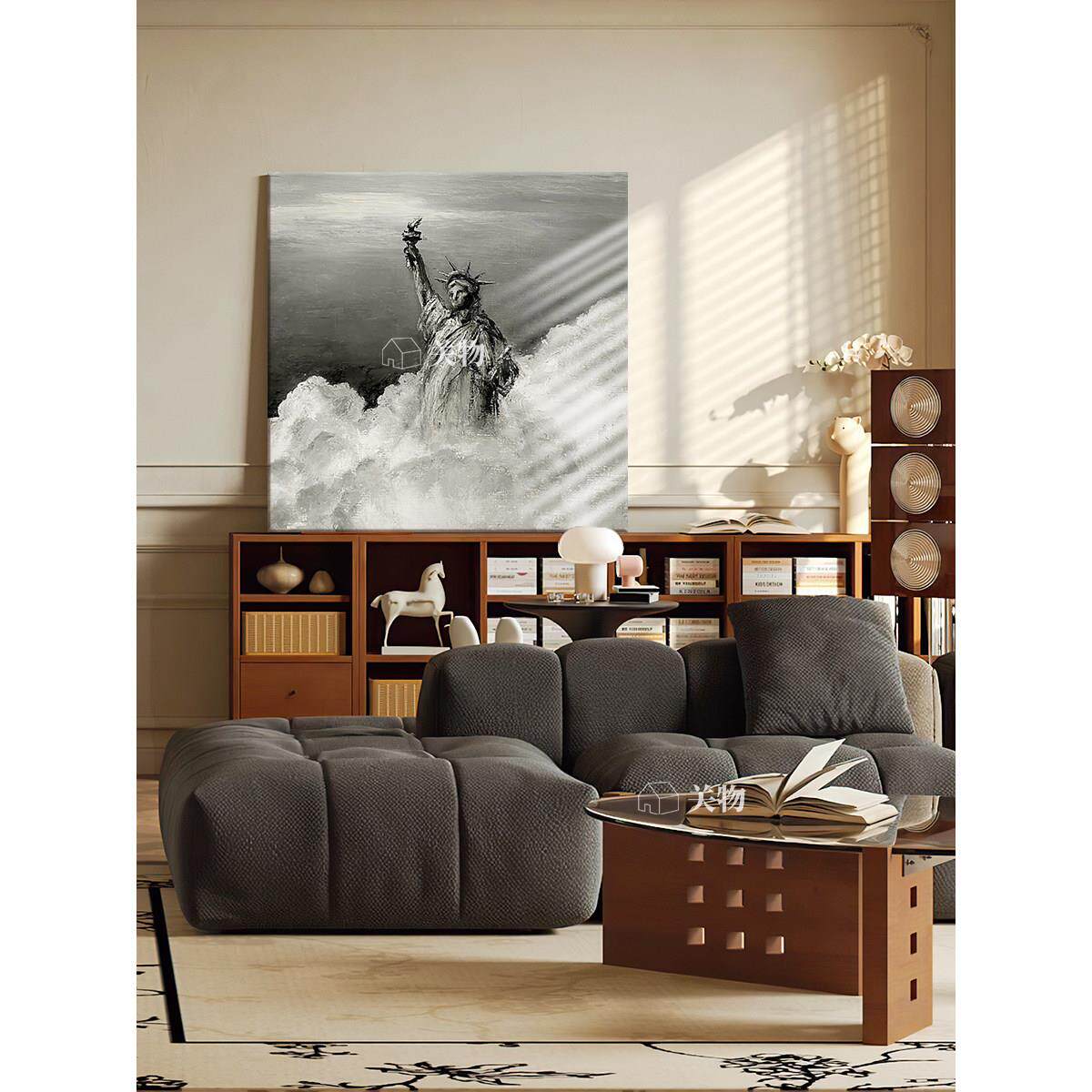 北欧风格自由女神像肌理手绘油画小众艺术客厅装饰画正方形挂画