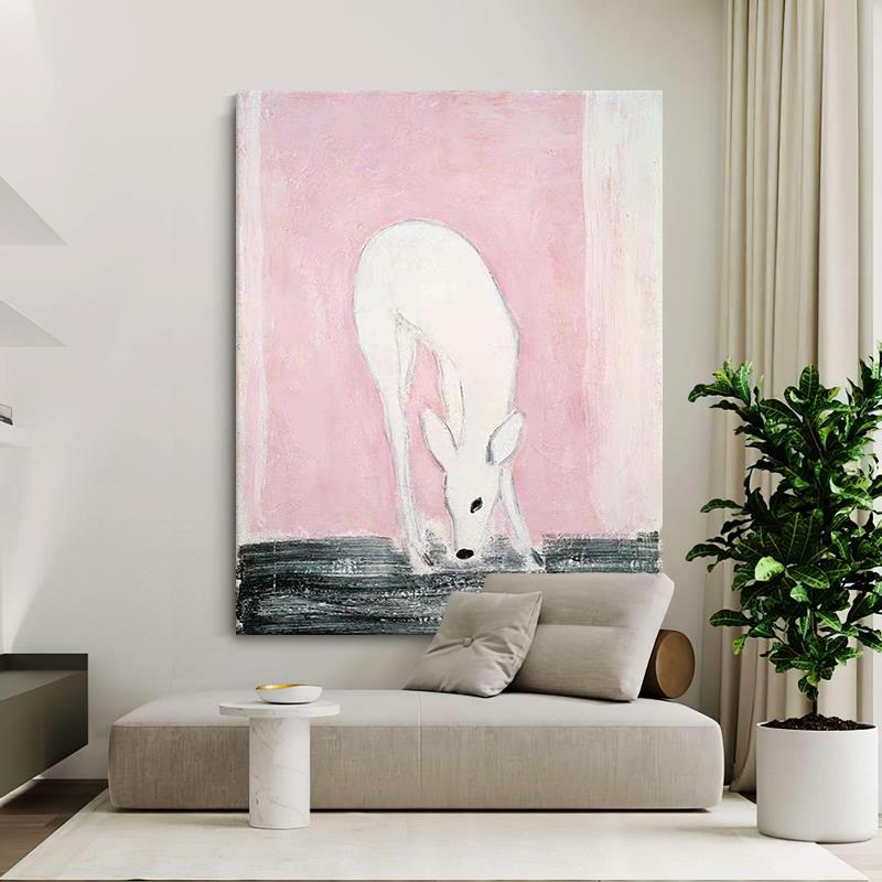 粉色系少女心小鹿肌理画客厅奶油风手绘油画玄关小众艺术装饰挂画图片