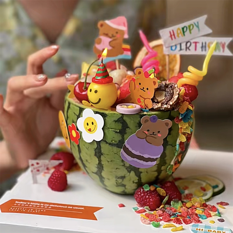 网红西瓜蛋糕装饰插卡可爱小熊贴纸卡片插件卡通插牌笑脸弯曲蜡烛