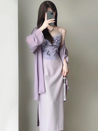 新中式中国风紫色吊带连衣裙女夏季2024新款改良旗袍长裙两件套装