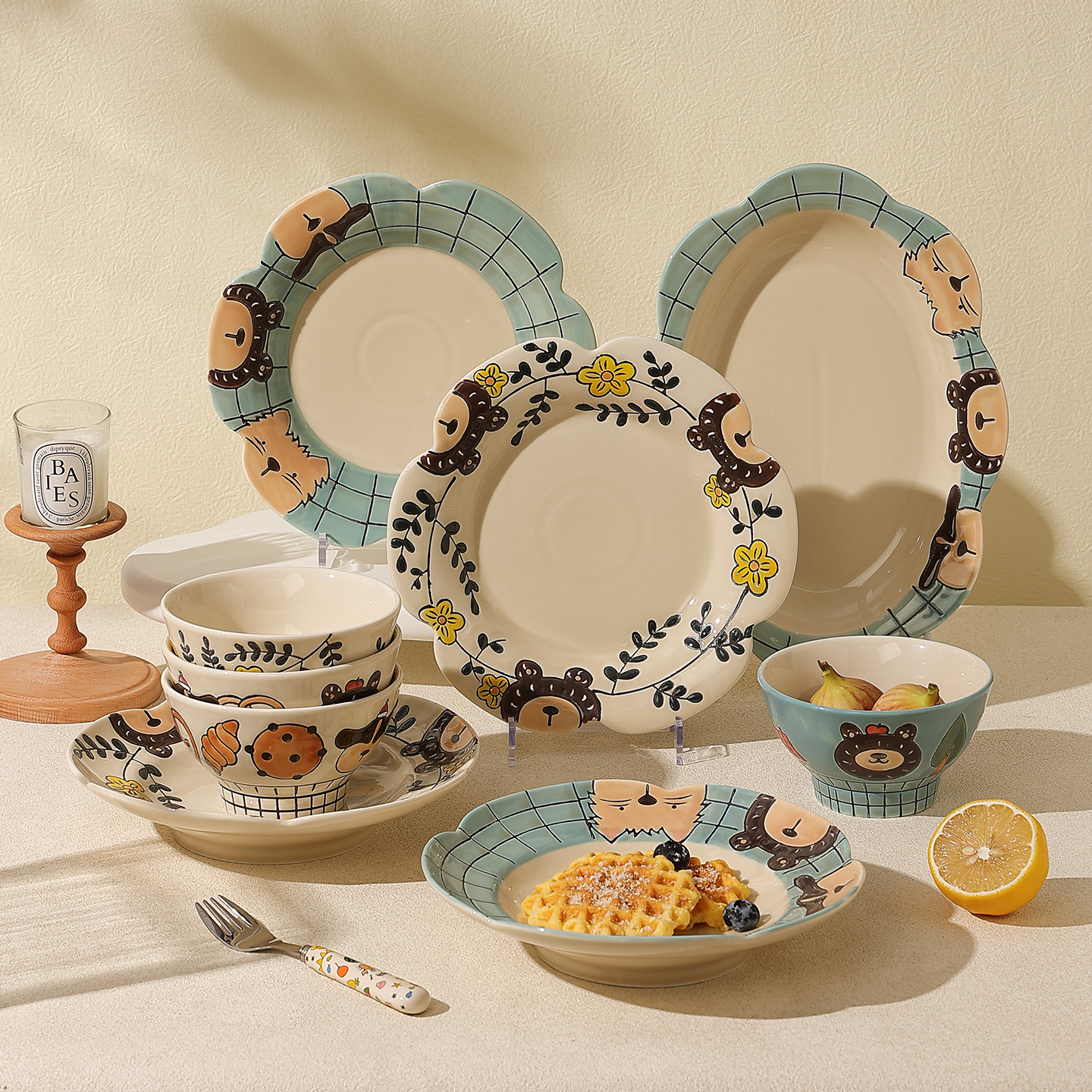 cookzone手绘釉下彩陶瓷饭碗餐盘