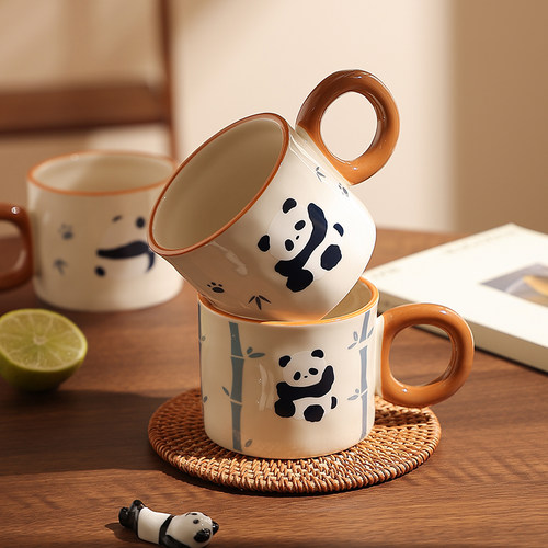 复古熊猫陶瓷杯子可爱马克杯