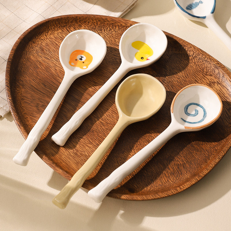 日式陶瓷勺子长柄小勺子家用喝汤匙可爱高颜值汤勺甜品小勺子饭勺