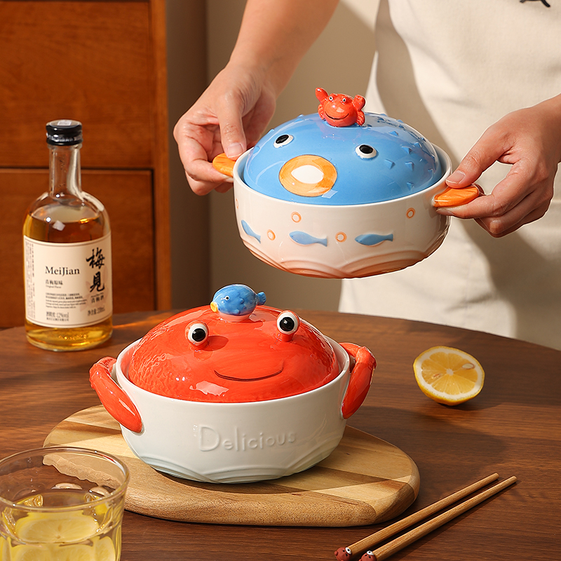 日式可爱带盖泡面碗釉下彩陶瓷碗