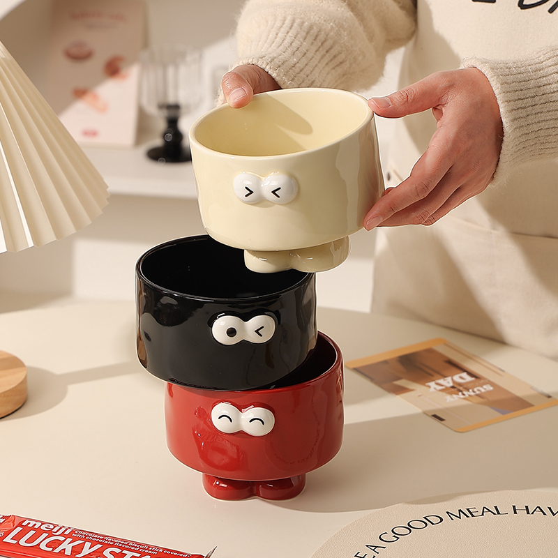 可爱表情高脚碗釉下彩陶瓷水果碗