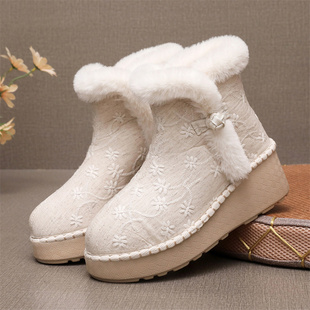 冬季民族风加绒软底汉服短靴保暖中国风老北京布靴高跟绣花女棉靴
