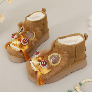 冬季中国风手工兔毛虎头棉鞋民族风汉服保暖雪地靴软底加绒女短靴