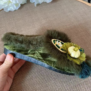 冬季中国风成人手工包头虎头鞋女加绒古风布拖传统平底绣花棉拖鞋