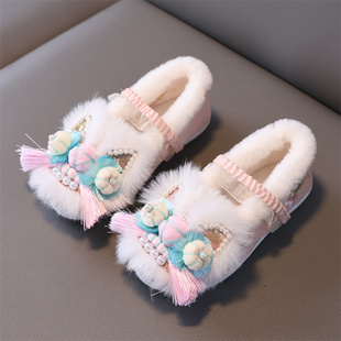 冬季女童手工汉服虎头鞋子加绒古风绣花棉鞋儿童民族风宝宝拜年鞋