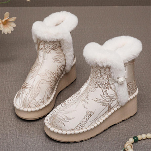 冬季中式国风加绒老北京布靴厚底高跟汉服短靴保暖旗袍绣花棉靴女
