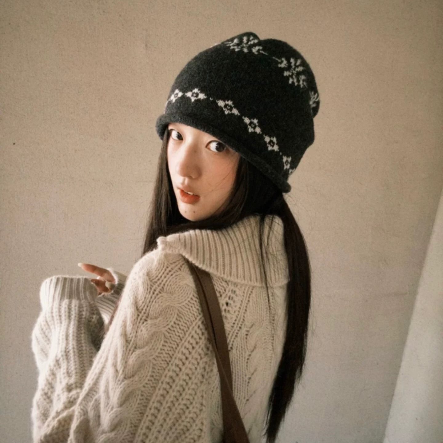 费尔岛提花卷边针织冷帽