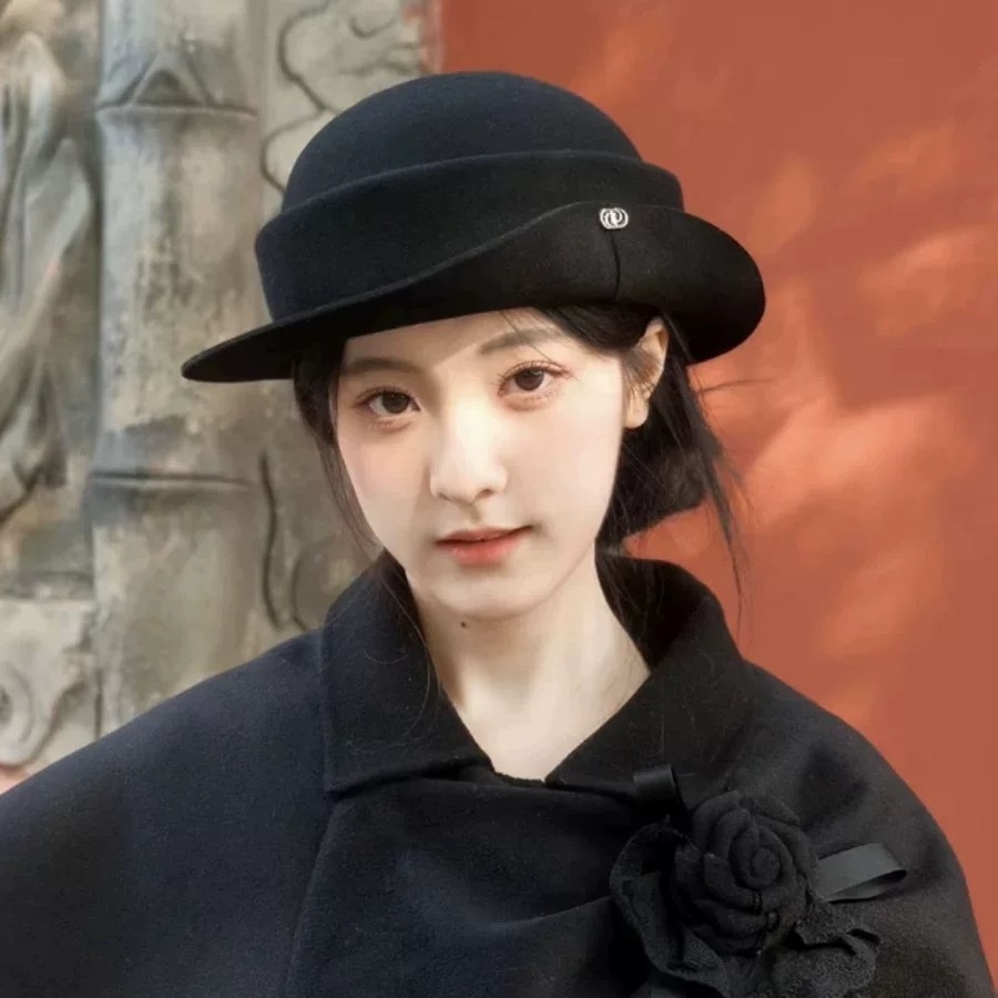 法式赫本风黑色羊毛圆顶礼帽