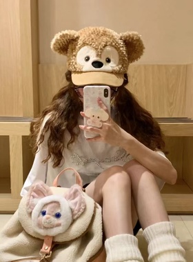 达菲毛绒平替Duffy棒球帽子女秋冬季显脸小鸭舌帽可爱小熊耳朵帽