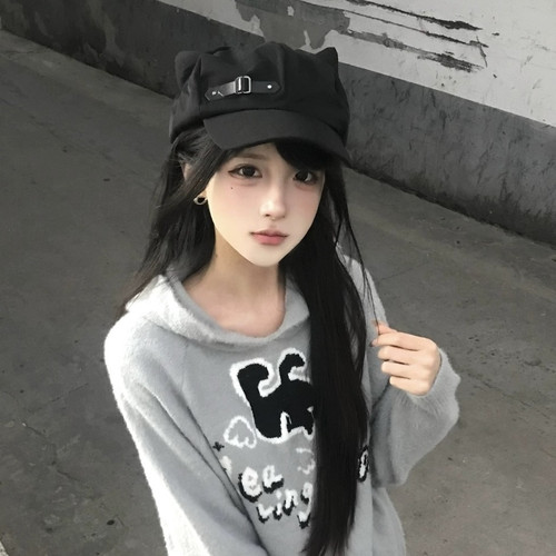 日系y2k原创猫耳朵鸭舌帽二次元亚文化宅系可爱皮扣鸭舌帽贝雷帽