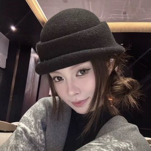 北国来信~民国风复古黑色小礼帽女秋冬纯羊毛渔夫帽赫本风小盆帽