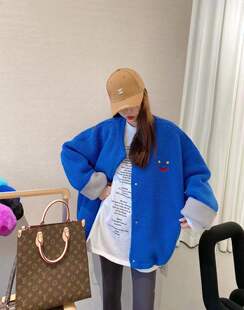欧洲站韩版圆领宽松大版中长款单排扣毛绒卫衣26冬季女外套