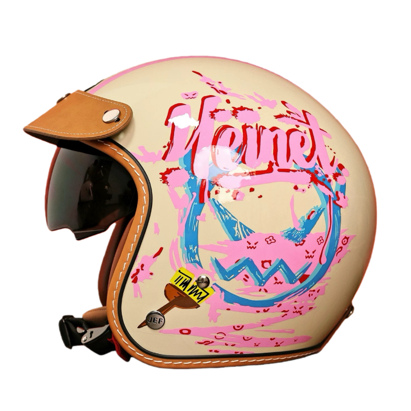 台湾JEF头盔摩托车复古盔男3C凉感透气涂鸦电摩踏板3/4盔女高颜值