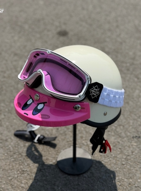 粉色卡比复古摩托车双认证头盔男女半盔网红紫色风镜蝴蝶结小盔体