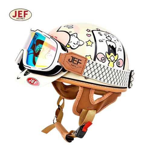 台湾JEF复古半盔男女猫咪夏季电动踏板摩托车骑行通勤头盔3C瓢盔