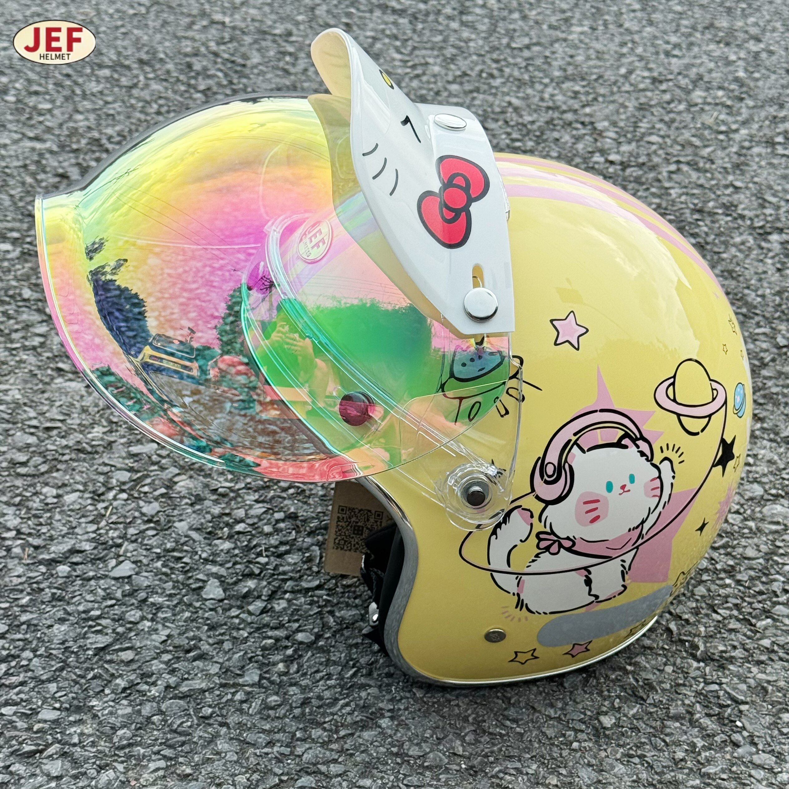 台湾JEF复古头盔太空猫咪小盔体3C电动摩托车3/4盔男女通用四季