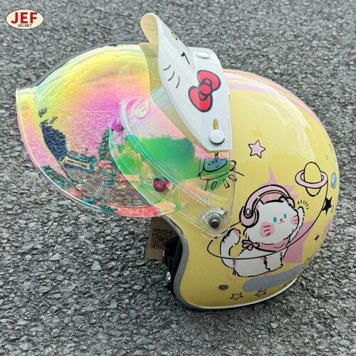台湾JEF复古头盔太空猫咪小盔体3C电动摩托车3/4盔男女通用四季