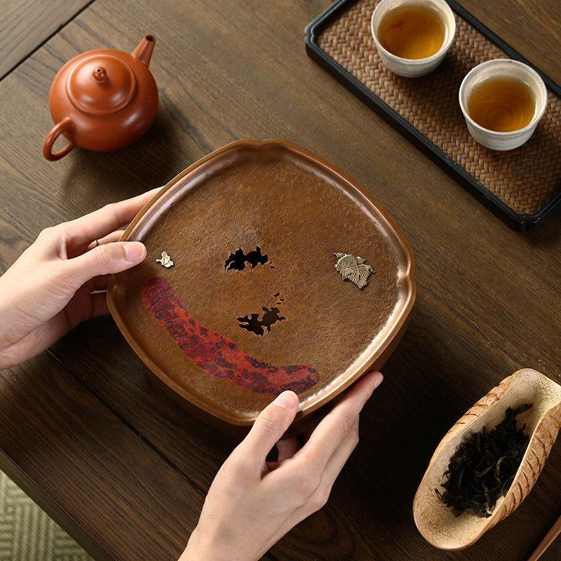 青花彤纯铜镶银茶盘壶托壶承茶海