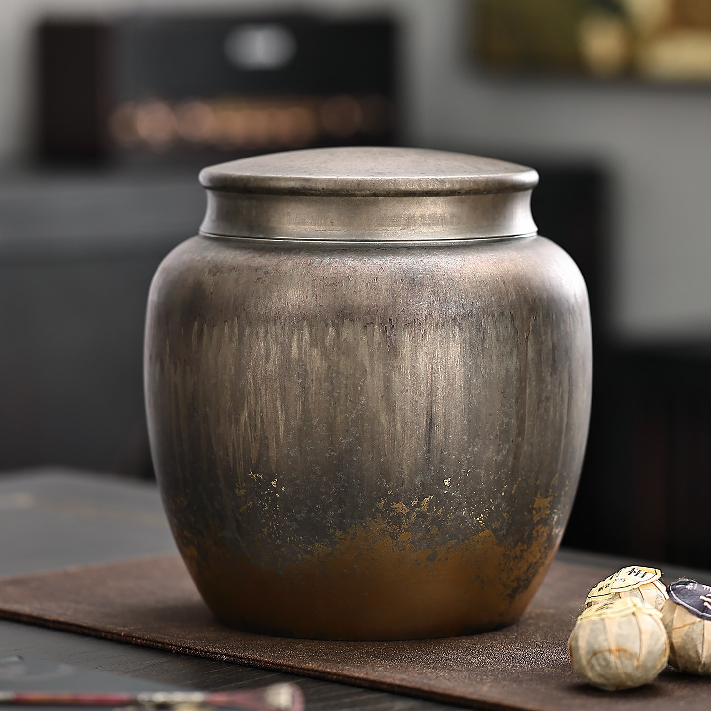 高端古锡茶叶罐手工葫芦形乌龙茶双盖密封撒金工艺茶仓高纯度锡器