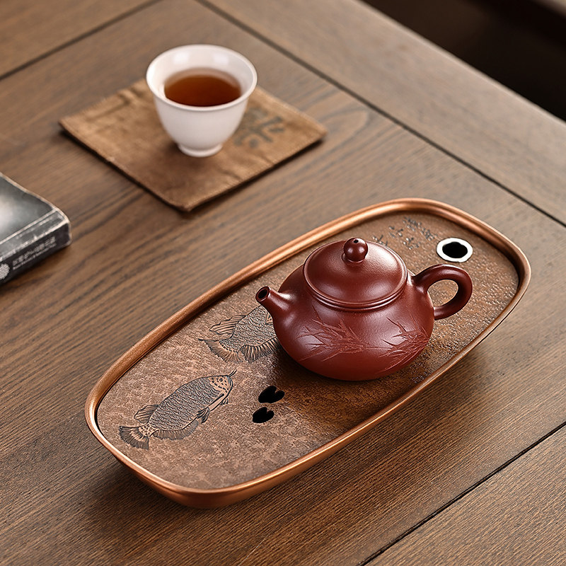 复古紫铜手工錾刻壶承干泡茶托盘