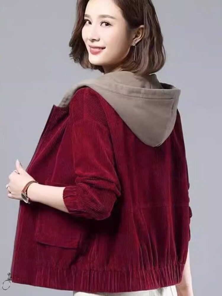 FLEECE THICKENED CORDUROY JACKET FOR FEMALE MOTHERS FASHIONABLE KOREAN VERSION OF LOOSE HOODED COMPOSITE JACKETS VERSATILE TEMPERAMENT