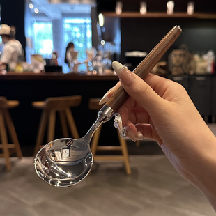 老板娘用!红贵宝木勺子高颜值木柄18/10不锈钢餐勺圆头饭勺汤勺