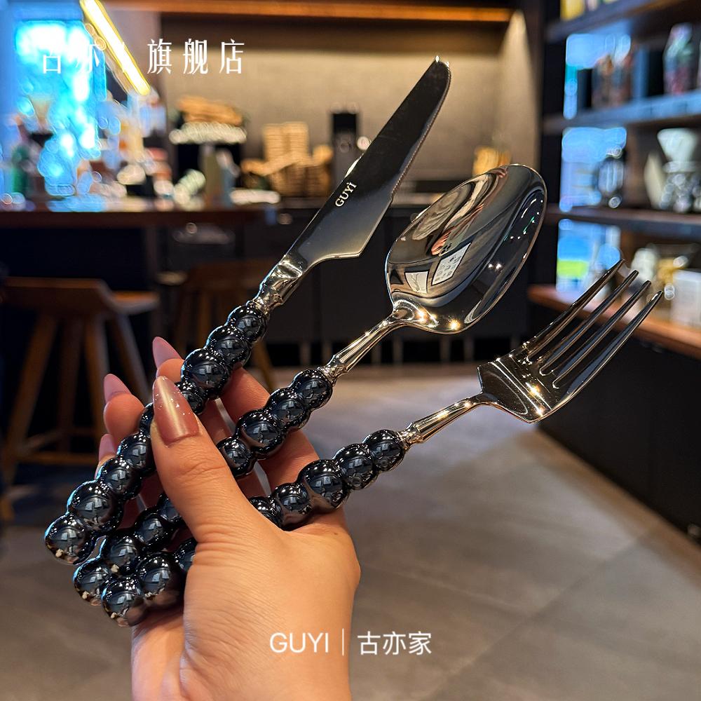 *漂亮老板娘用*黑色珍珠304不锈钢精致陶瓷手柄主餐勺牛排刀叉勺