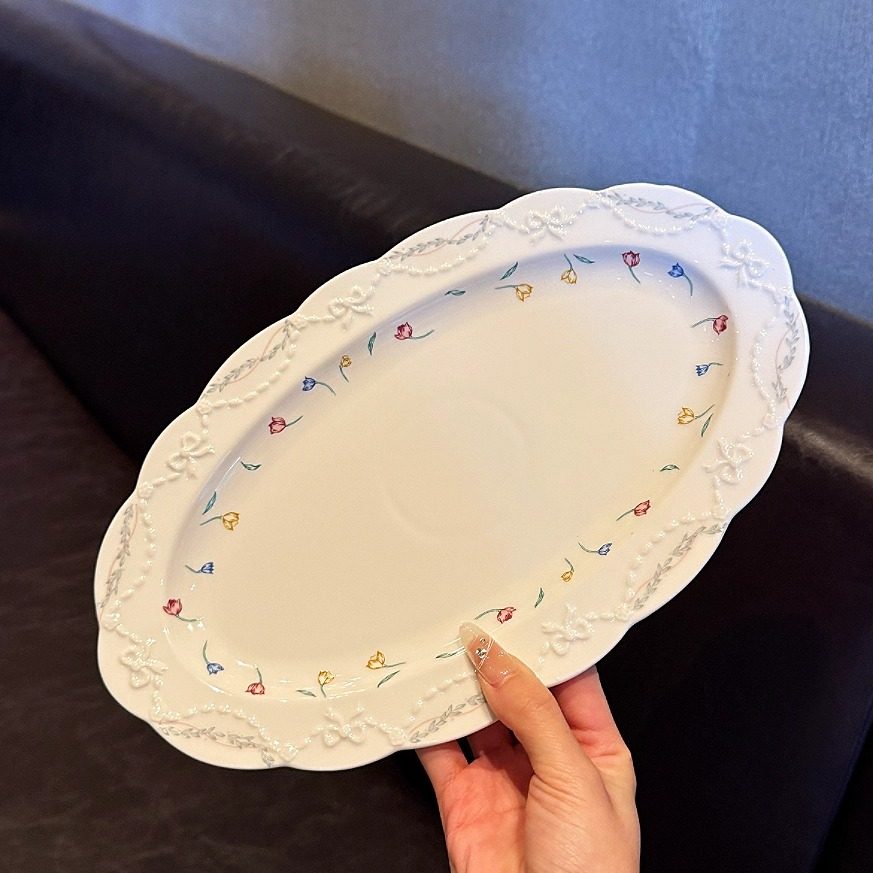 Vintage的餐桌记忆｜法式浮雕花卉陶瓷餐盘甜品盘鱼盘子椭圆盘子,餐饮具,盘,淘宝优惠券,粉丝福利购,淘宝优惠卷