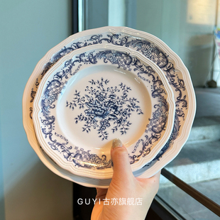 【老板娘自留】法式vintage 复古蓝花卉陶瓷餐具盘子点心盘沙拉盘