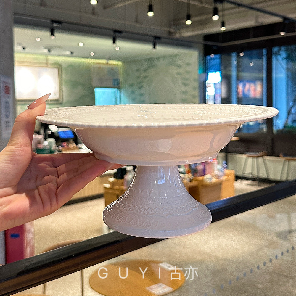 外贸餐具【高级高脚果盘】法式浮雕托盘陶瓷果盘果篮摆件拍照中古