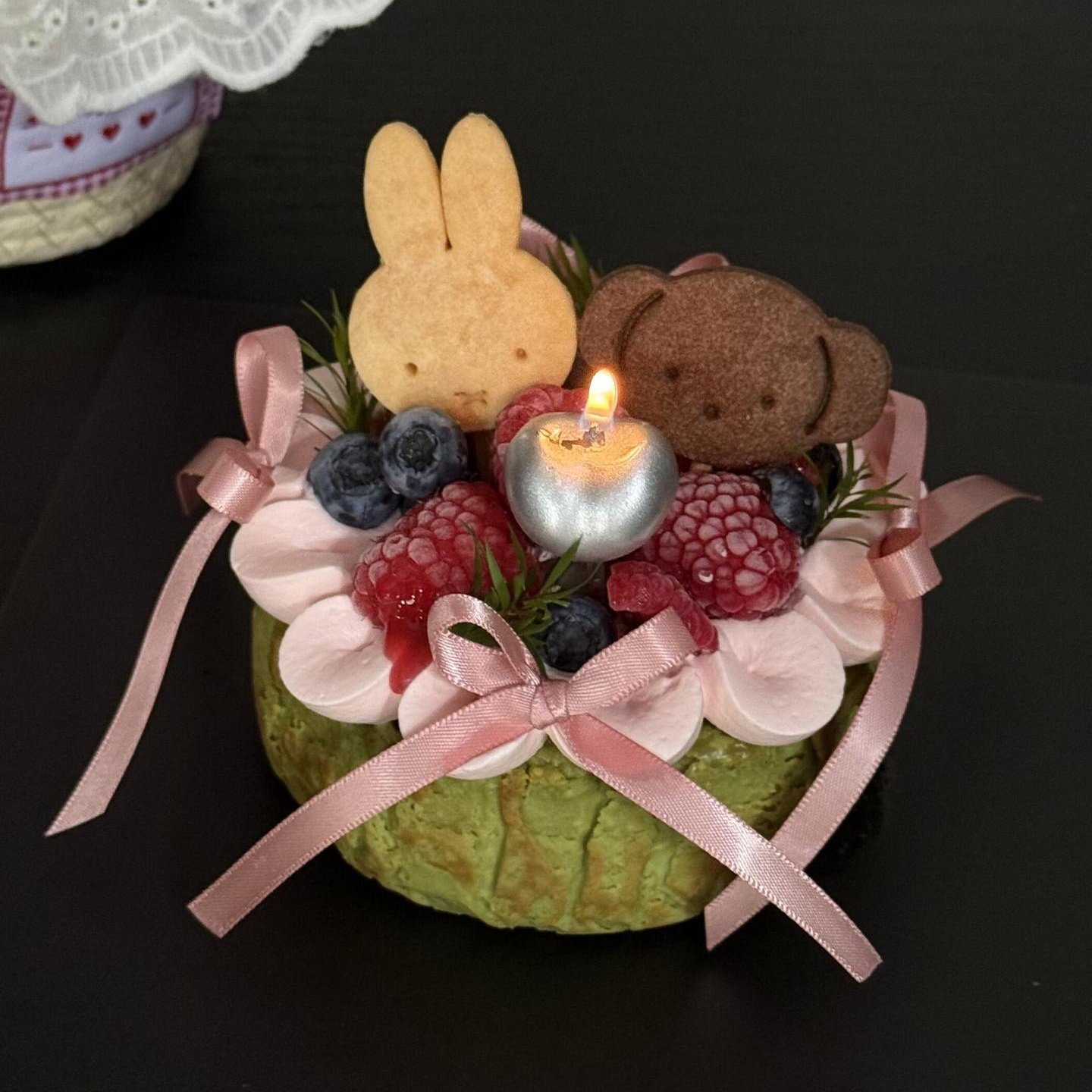 网红米菲熊兔饼干巴斯克蛋糕装饰摆件银色樱桃蜡烛生日派对装扮