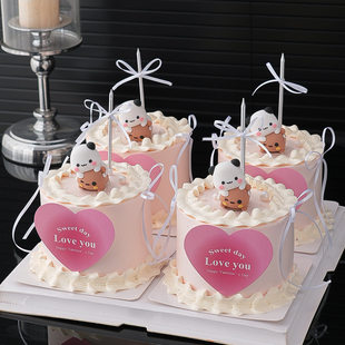 214情人节卡通一二布布蛋糕装饰摆件粉色爱心loveyou卡片插牌插件