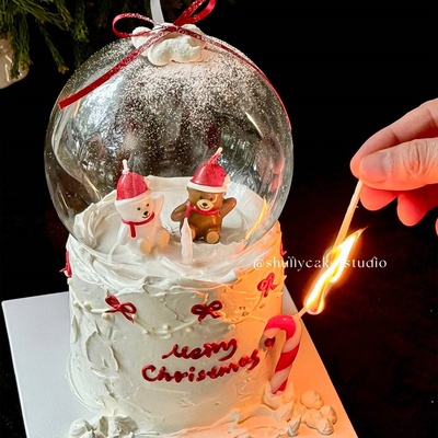 2025圣诞节主题水晶球蛋糕装饰红帽圣诞小熊雪人蜡烛丝带烘焙插件