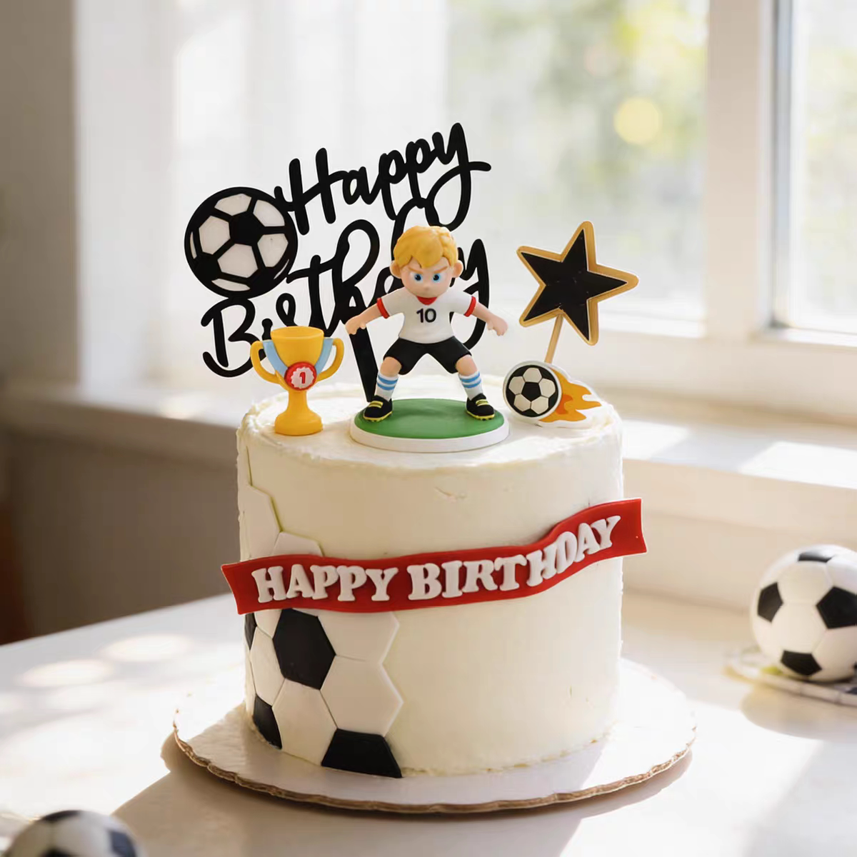 网红足球主题男孩生日蛋糕摆件足球人物装饰Happy Birthday插件