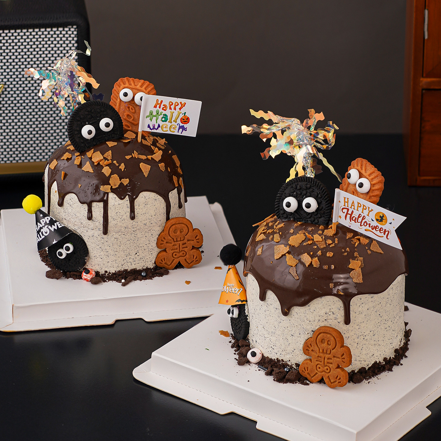 2025万圣节搞怪眼睛糖珠蛋糕装饰摆件迷你毛球帽小旗子烘焙装扮