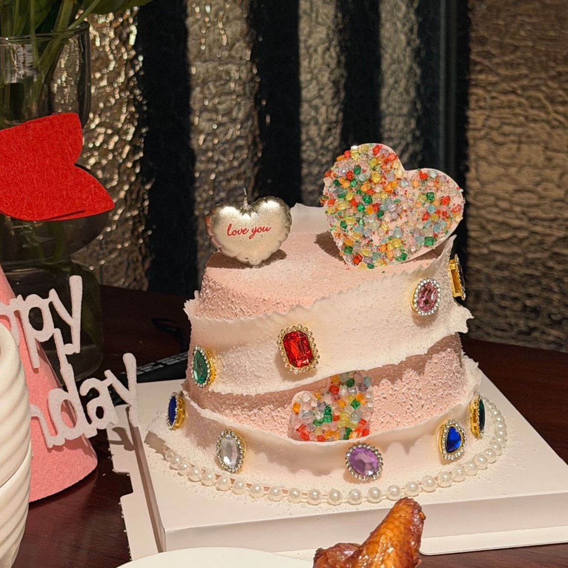 网红彩色闪钻爱心蛋糕装饰情侣纪念日爱心蜡烛生日帽装饰烘焙插件