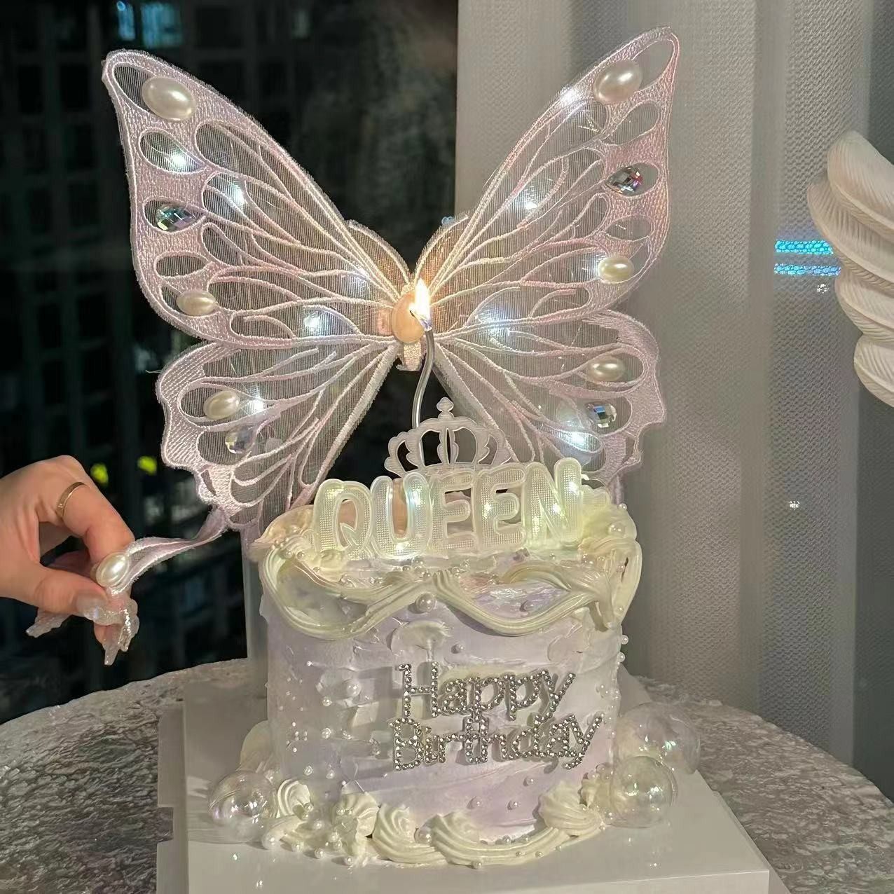 网红抱抱酱同款小仙女刺绣带灯蝴蝶蛋糕装扮插件女生生日蛋糕摆件