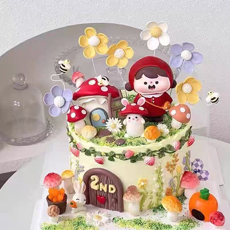 森系蘑菇小镇小红帽女孩生日蛋糕装饰小兔子摆件甜品台装扮配件