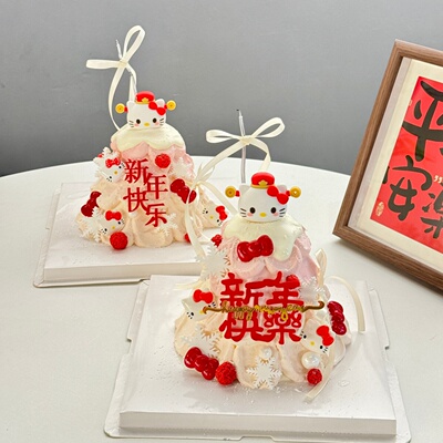 2026新年财神kt猫蛋糕装饰摆件新年亚克力蝴蝶结丝带甜品烘焙装扮